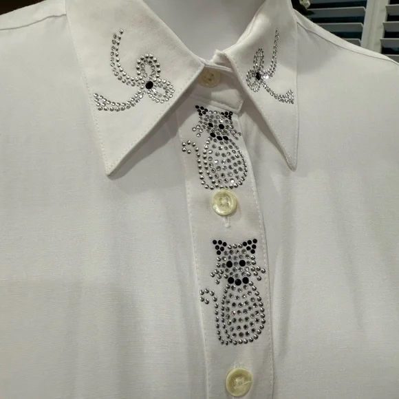 Christine Alexander Elegant White Cat and Bow Rhinestone Button Down Blouse M - Picture 3 of 13